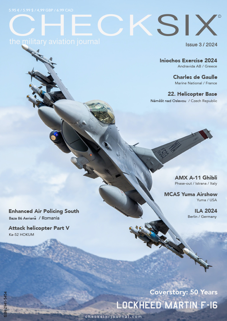 CHECKSIX Issue 3/2024 cover featuring a fully loaded Lockheed Martin F-16C Fighting Falcon flying low through a canyon